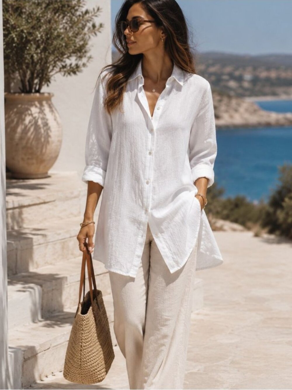 Chalet White Linen Button Up Tunic Shirt Boho Coastal Minimalist Resortwear L